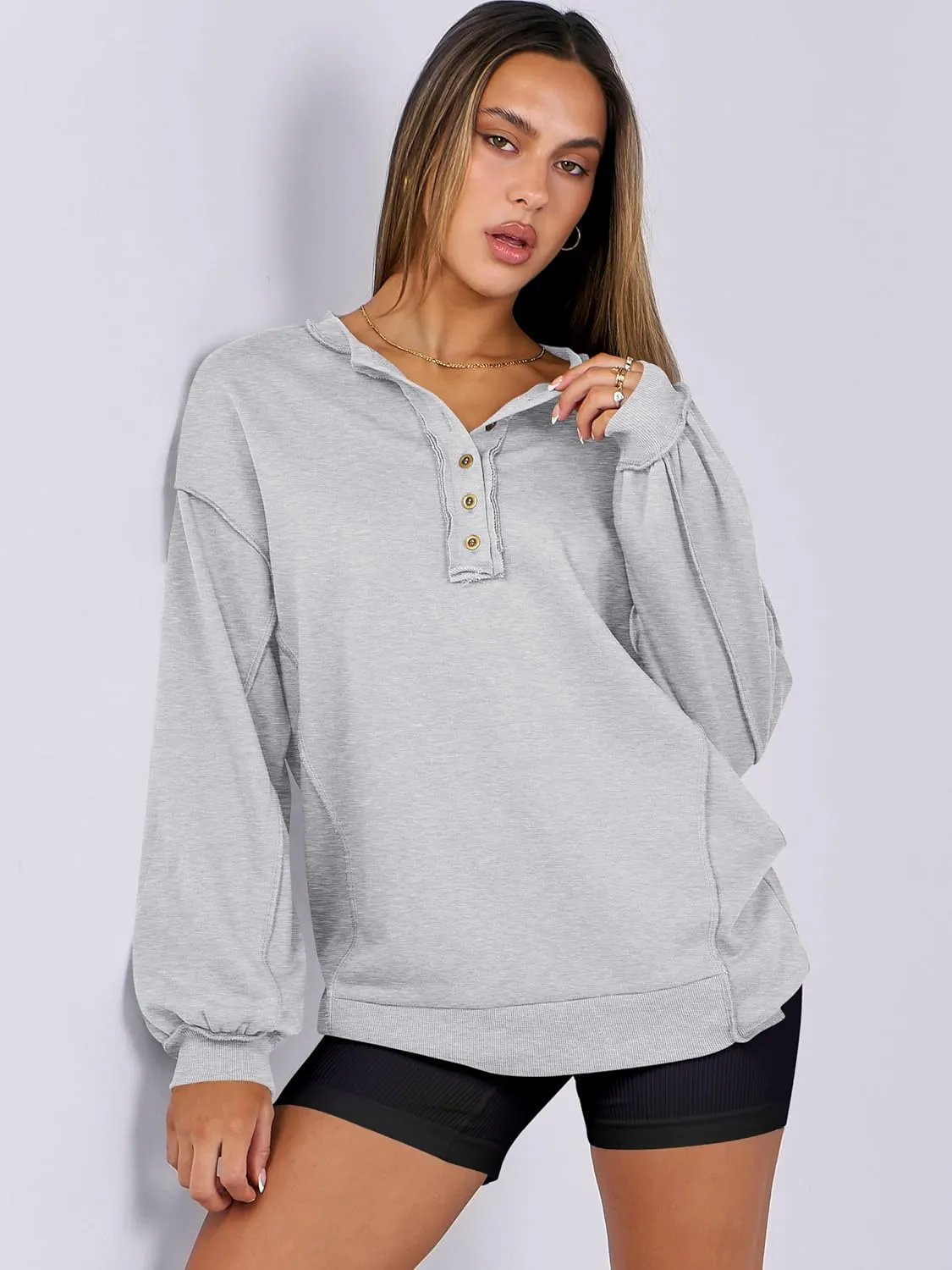 Caracilia Women's Oversized Sweatshirts Long Sleeve Henley Button Down Pullover Hoodies Tunic Tops 2025 Trendy Fall Clothes