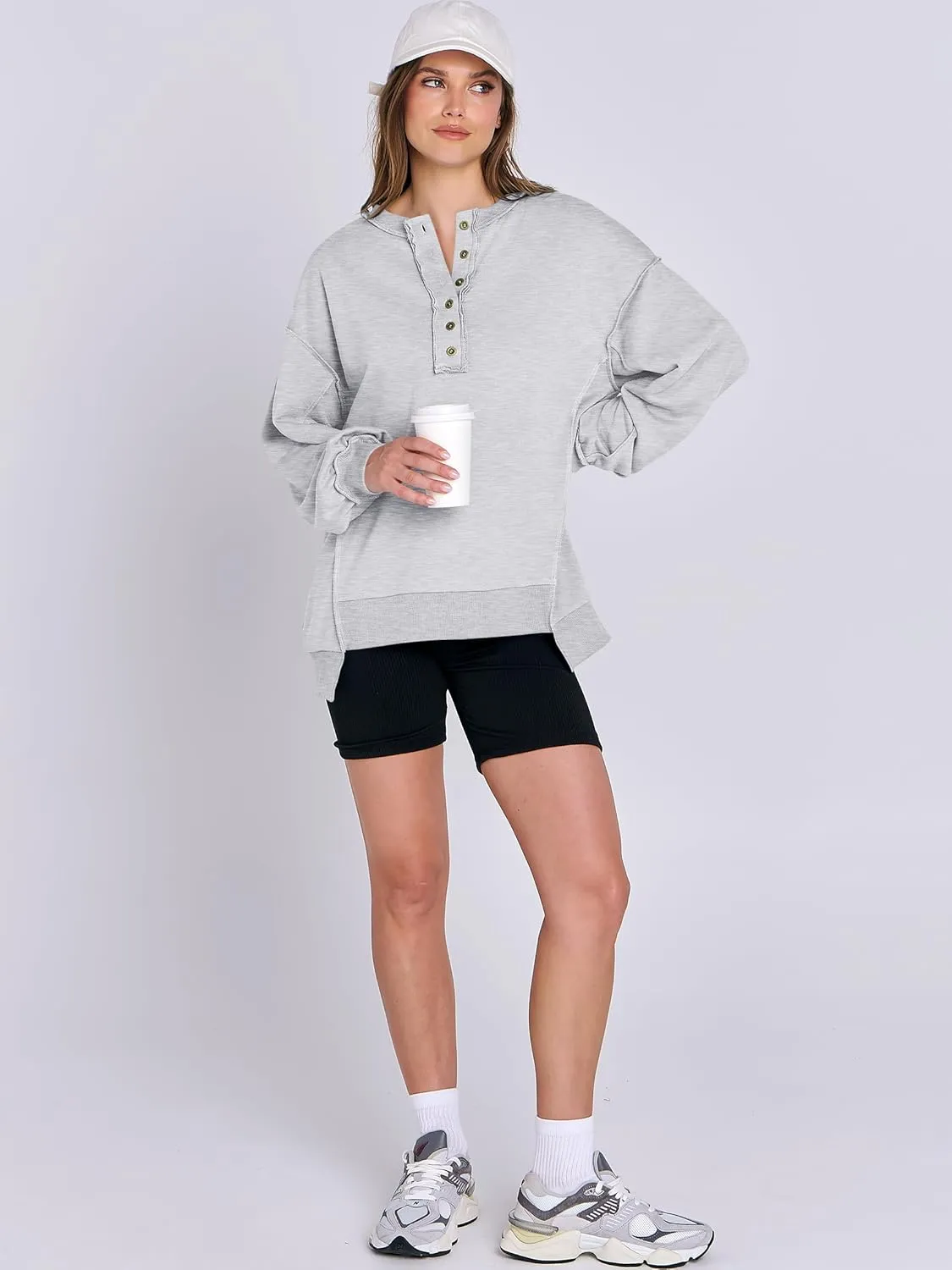 Caracilia Women's Oversized Sweatshirts Long Sleeve Henley Button Down Pullover Hoodies Tunic Tops 2025 Trendy Fall Clothes