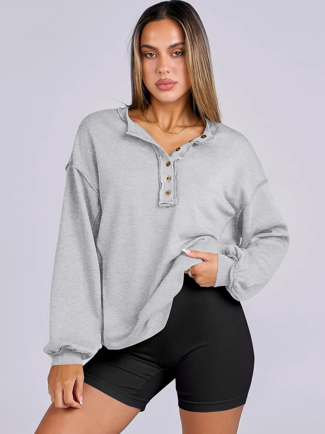 Caracilia Women's Oversized Sweatshirts Long Sleeve Henley Button Down Pullover Hoodies Tunic Tops 2025 Trendy Fall Clothes