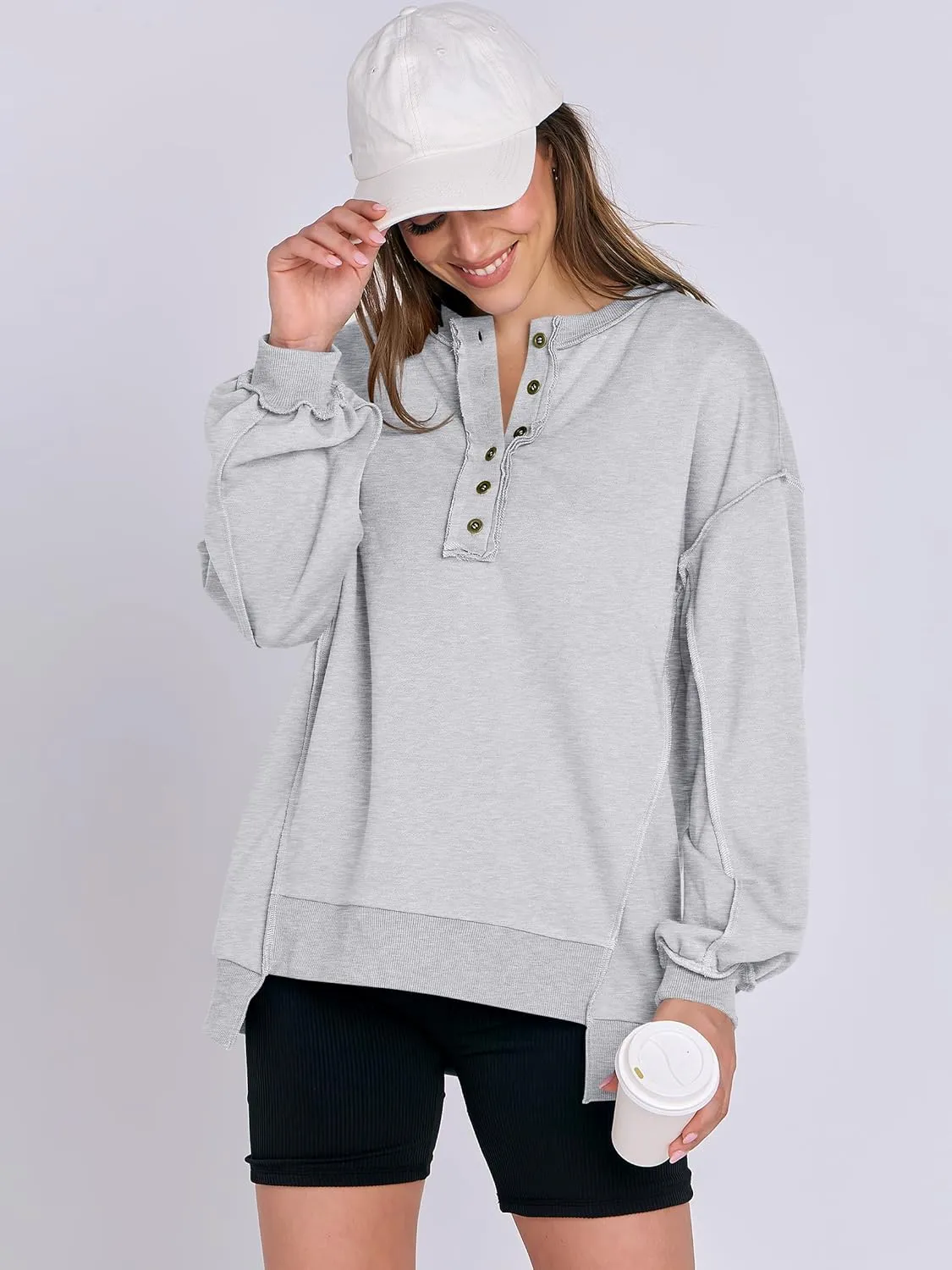 Caracilia Women's Oversized Sweatshirts Long Sleeve Henley Button Down Pullover Hoodies Tunic Tops 2025 Trendy Fall Clothes