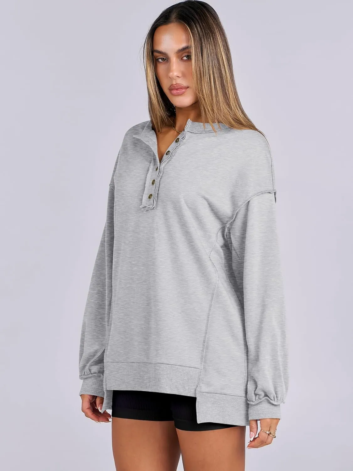 Caracilia Women's Oversized Sweatshirts Long Sleeve Henley Button Down Pullover Hoodies Tunic Tops 2025 Trendy Fall Clothes