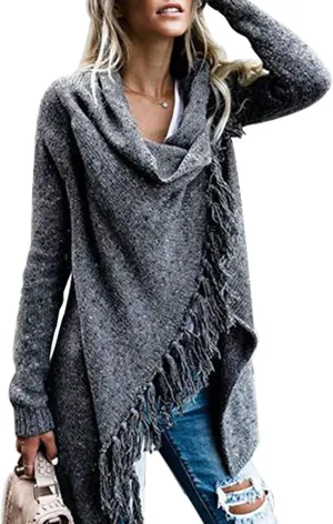 CEASIKERY Women's Tassel Hem Sweater Long Cardigan Knitwer Pullover Poncho Coat