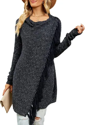CEASIKERY Women's Tassel Hem Sweater Long Cardigan Knitwer Pullover Poncho Coat