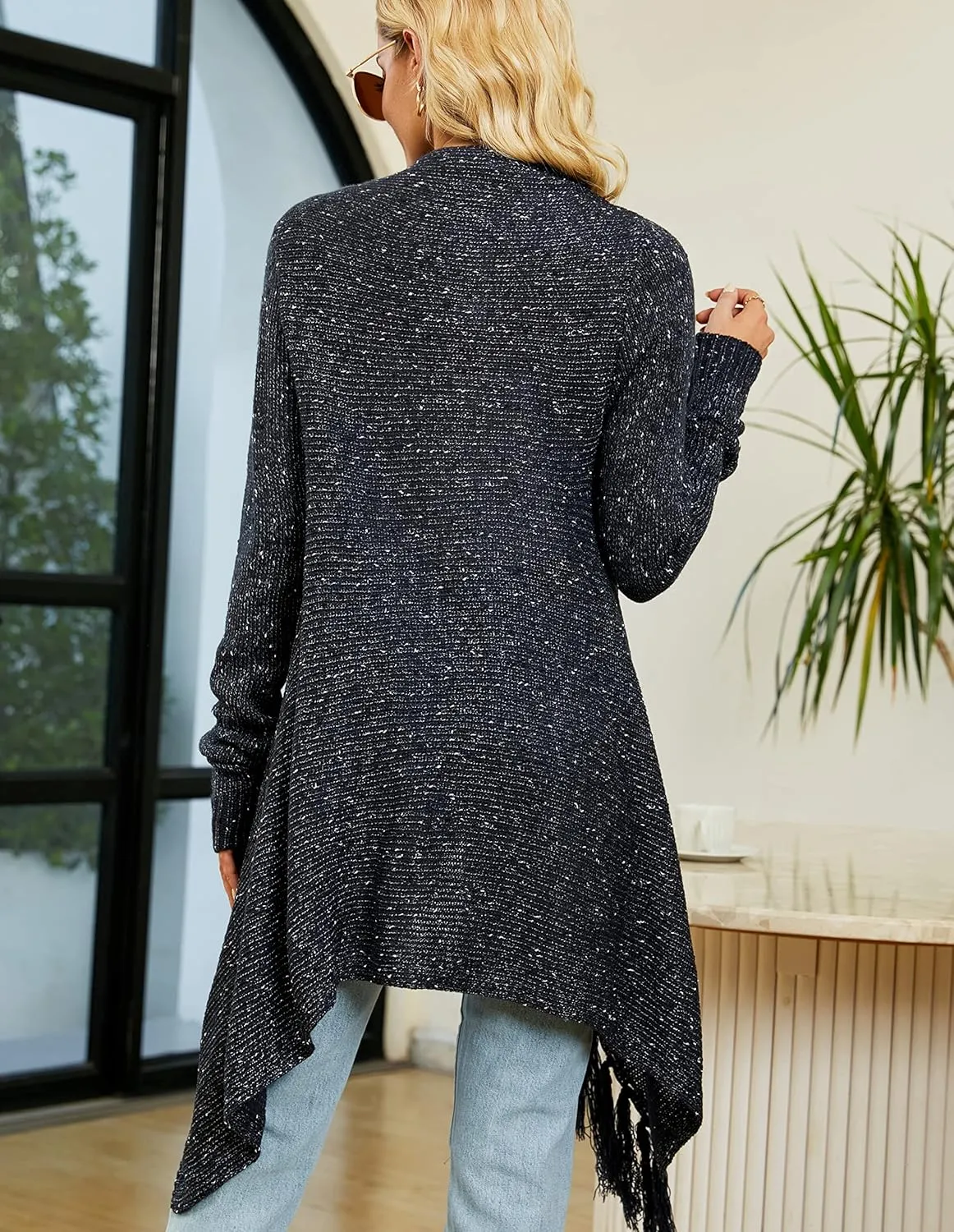 CEASIKERY Women's Tassel Hem Sweater Long Cardigan Knitwer Pullover Poncho Coat