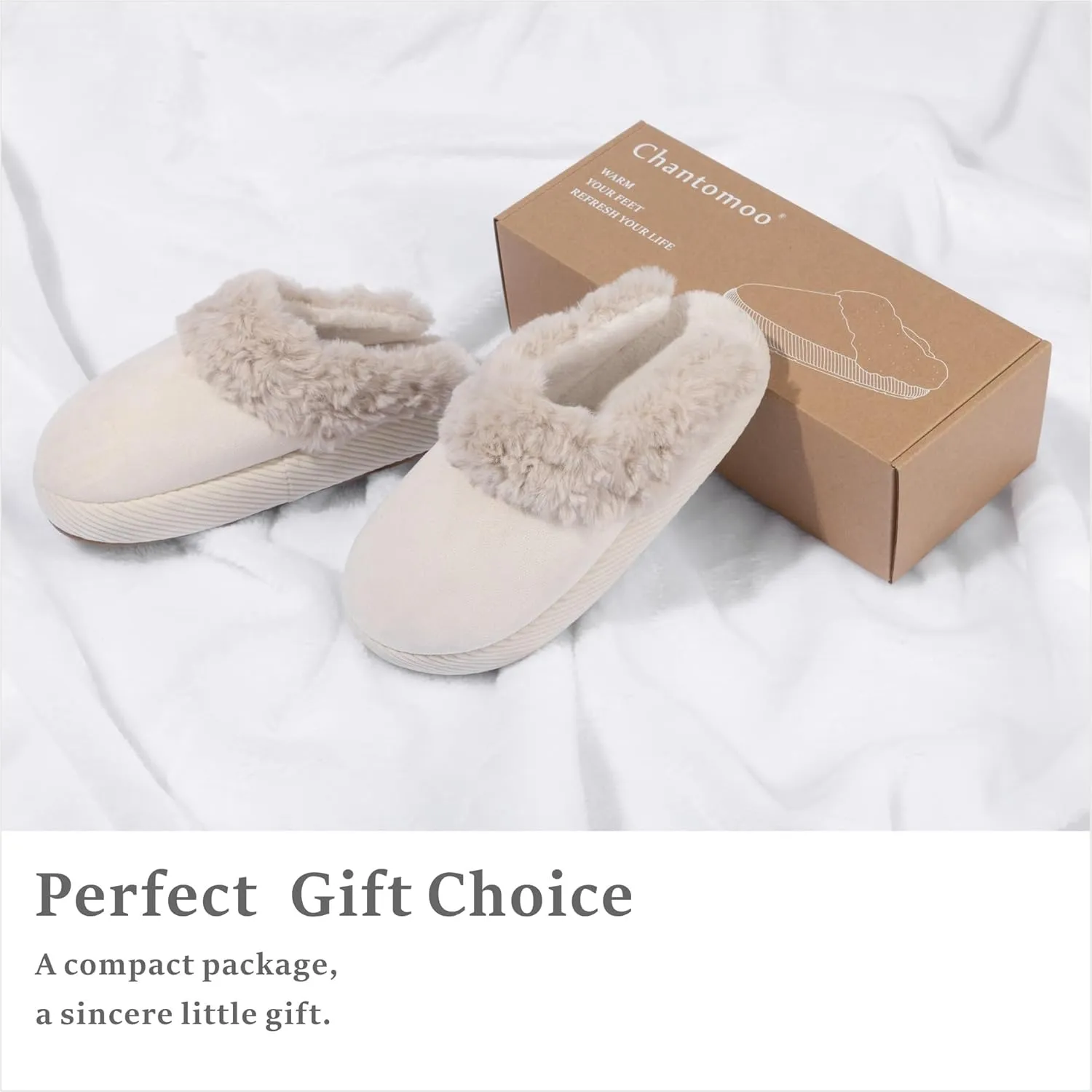 Chantomoo Slippers for Women Memory Foam House Shoes Faux Suede Upper Rubber Sole Faux Fur Lining Warm Comfy Indoor Fuzzy
