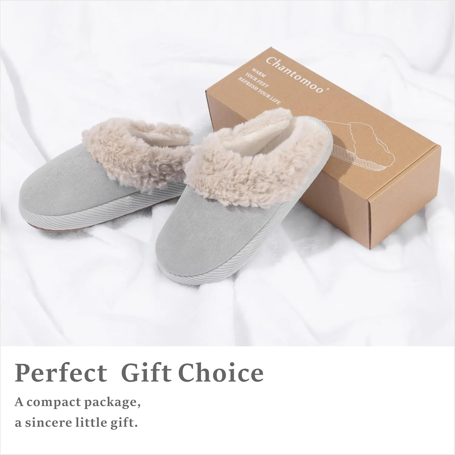 Chantomoo Slippers for Women Memory Foam House Shoes Faux Suede Upper Rubber Sole Faux Fur Lining Warm Comfy Indoor Fuzzy