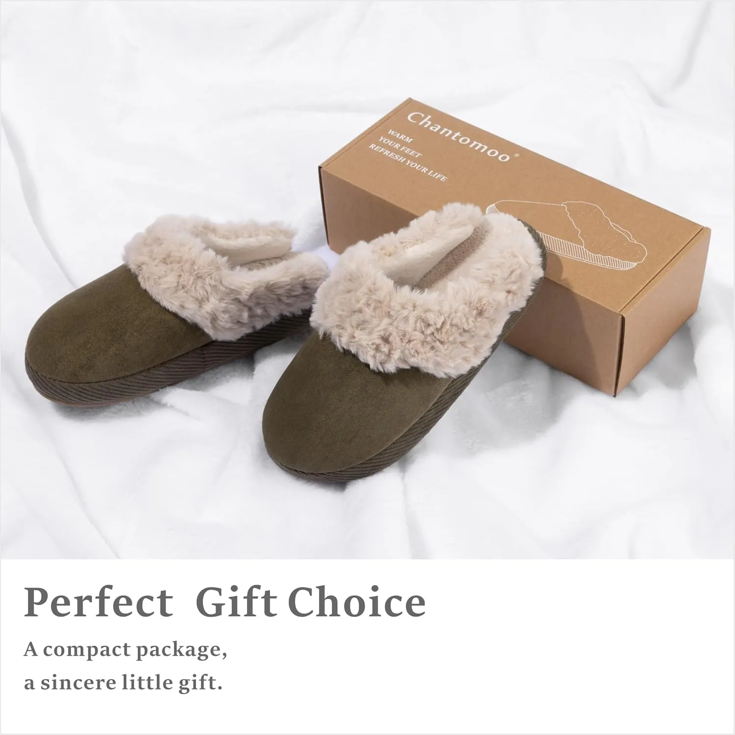 Chantomoo Slippers for Women Memory Foam House Shoes Faux Suede Upper Rubber Sole Faux Fur Lining Warm Comfy Indoor Fuzzy