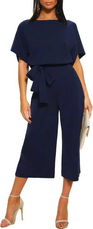 CHARTOU Women's Short Sleeve Bow Tie Wide Leg Cropped Capri Romper Palazzo Pants Jumpsuit