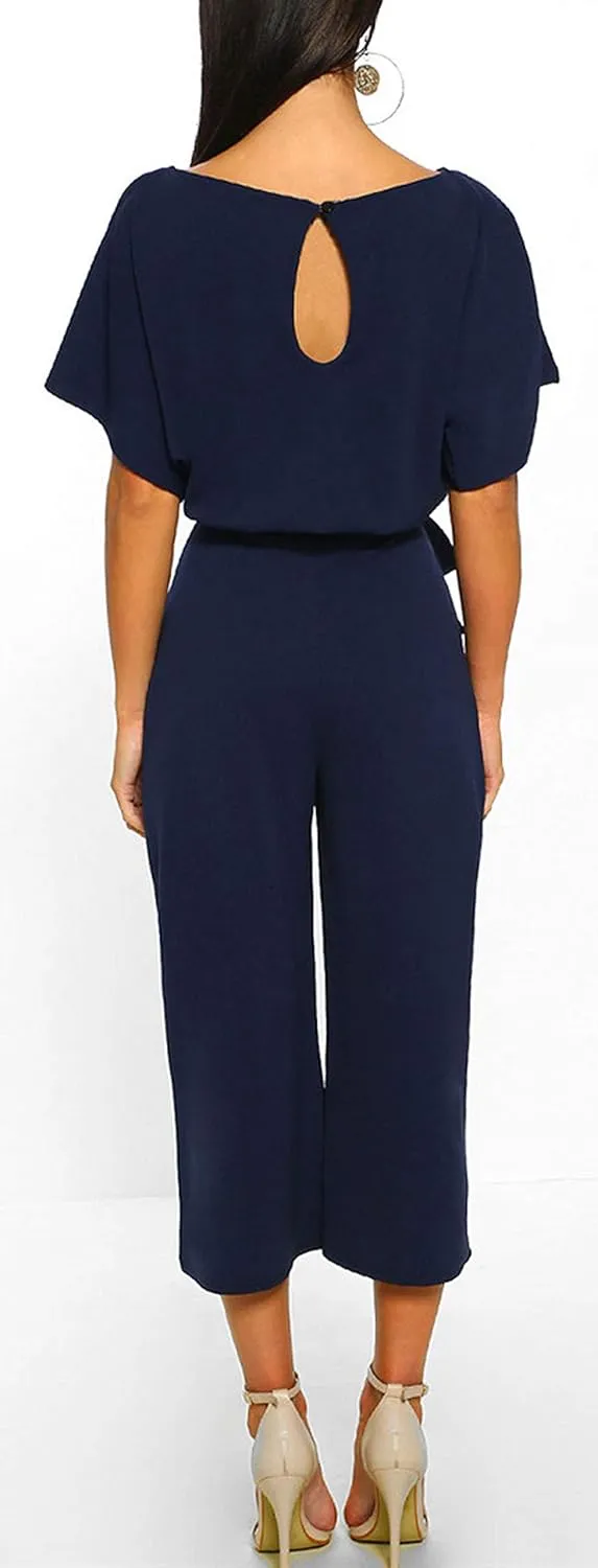 CHARTOU Women's Short Sleeve Bow Tie Wide Leg Cropped Capri Romper Palazzo Pants Jumpsuit