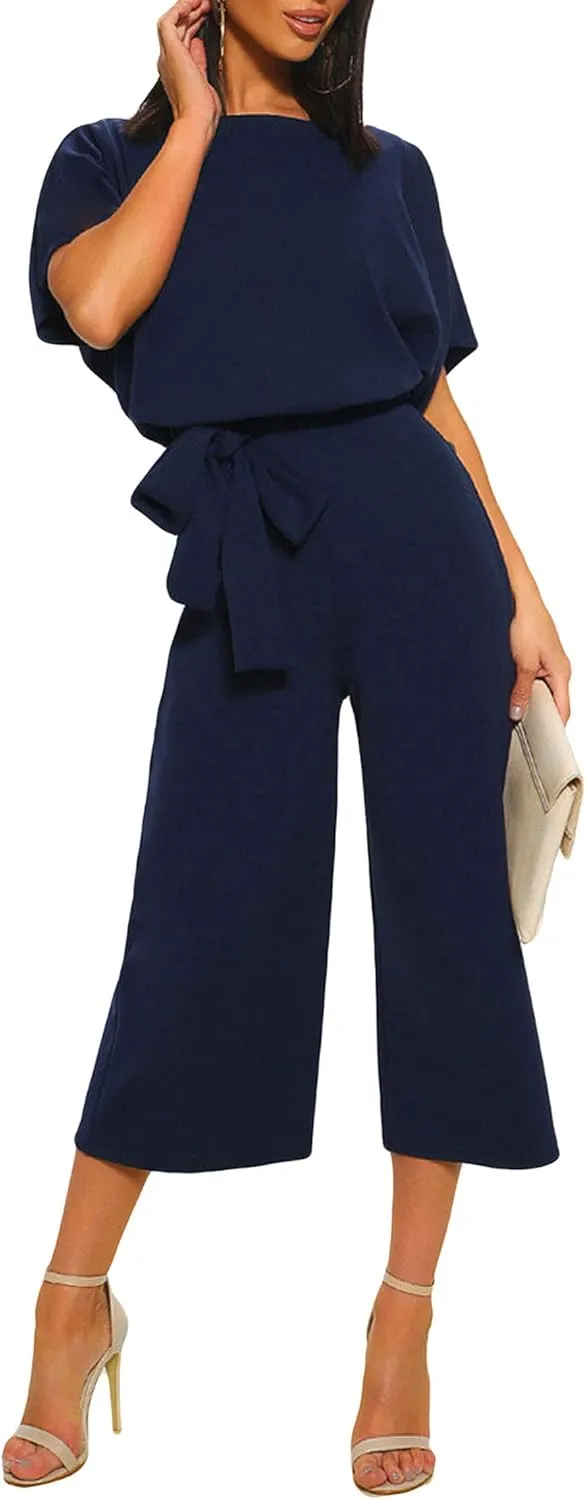 CHARTOU Women's Short Sleeve Bow Tie Wide Leg Cropped Capri Romper Palazzo Pants Jumpsuit