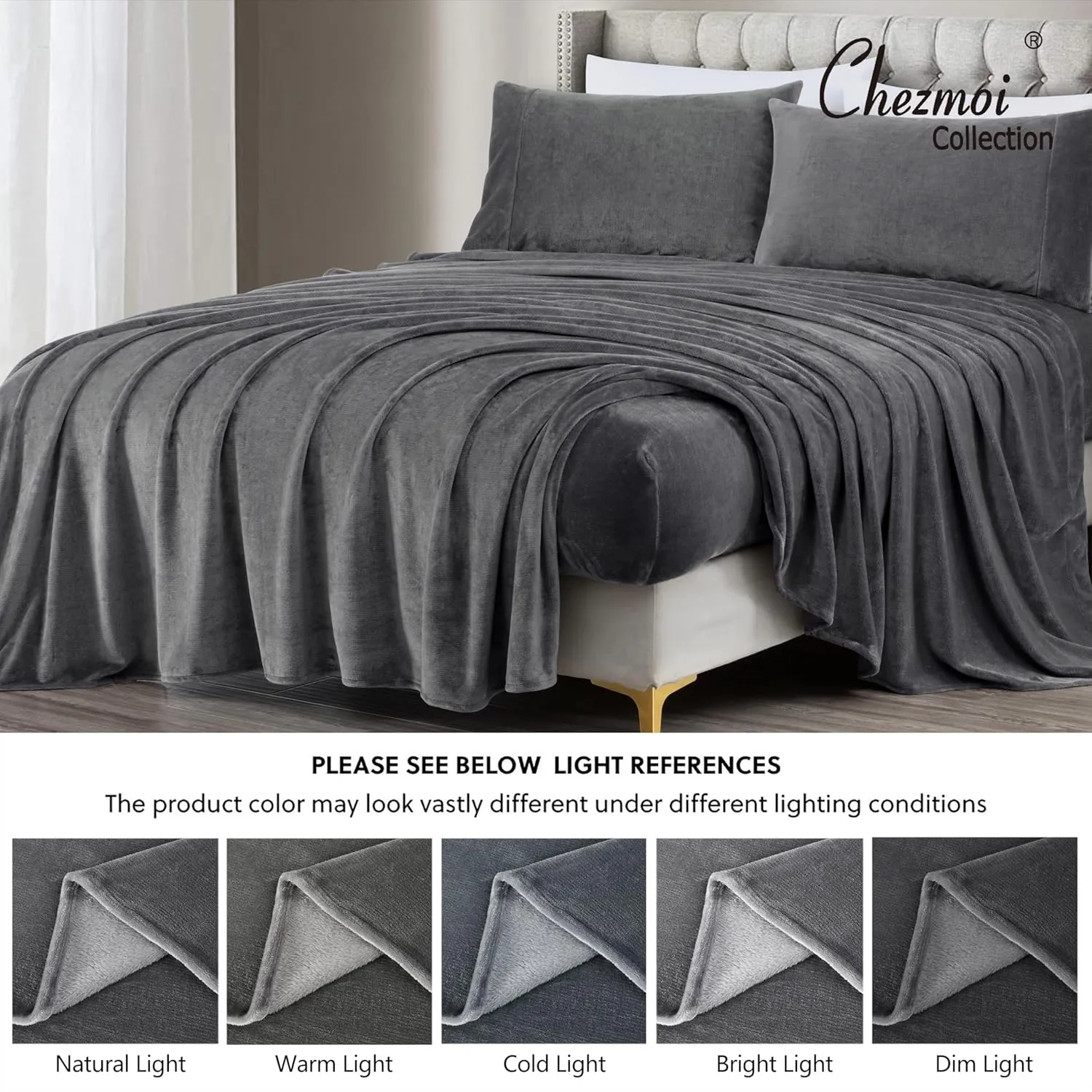 Chezmoi Collection Extra Soft Fleece Sheet Set California King, Microplush Non-Pilling Velvety Bed Sheet, Deep Pocket - Lightweight All Season Warmth, California King, Gray