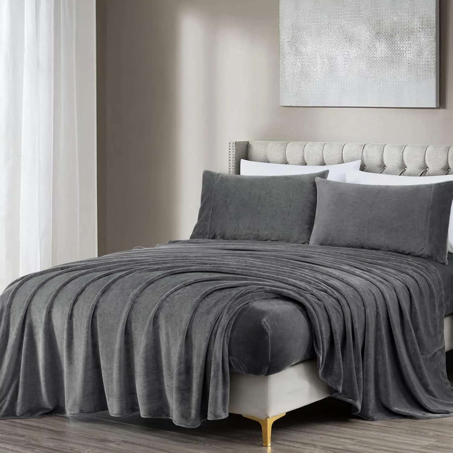 Chezmoi Collection Extra Soft Fleece Sheet Set California King, Microplush Non-Pilling Velvety Bed Sheet, Deep Pocket - Lightweight All Season Warmth, California King, Gray