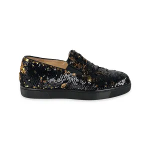 Christian Louboutin Black/Gold Sequin Boat Slip-On Sneakers
