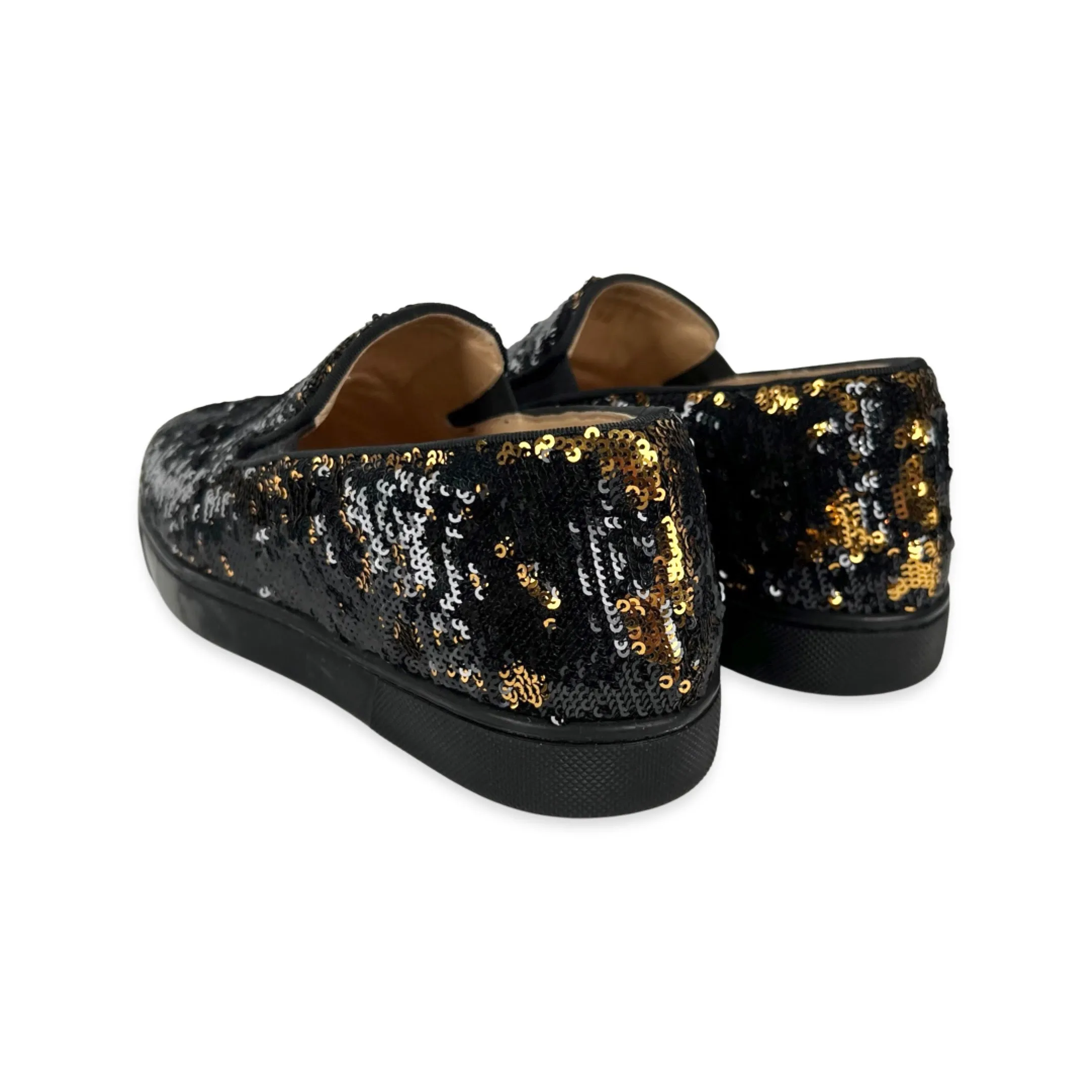 Christian Louboutin Black/Gold Sequin Boat Slip-On Sneakers