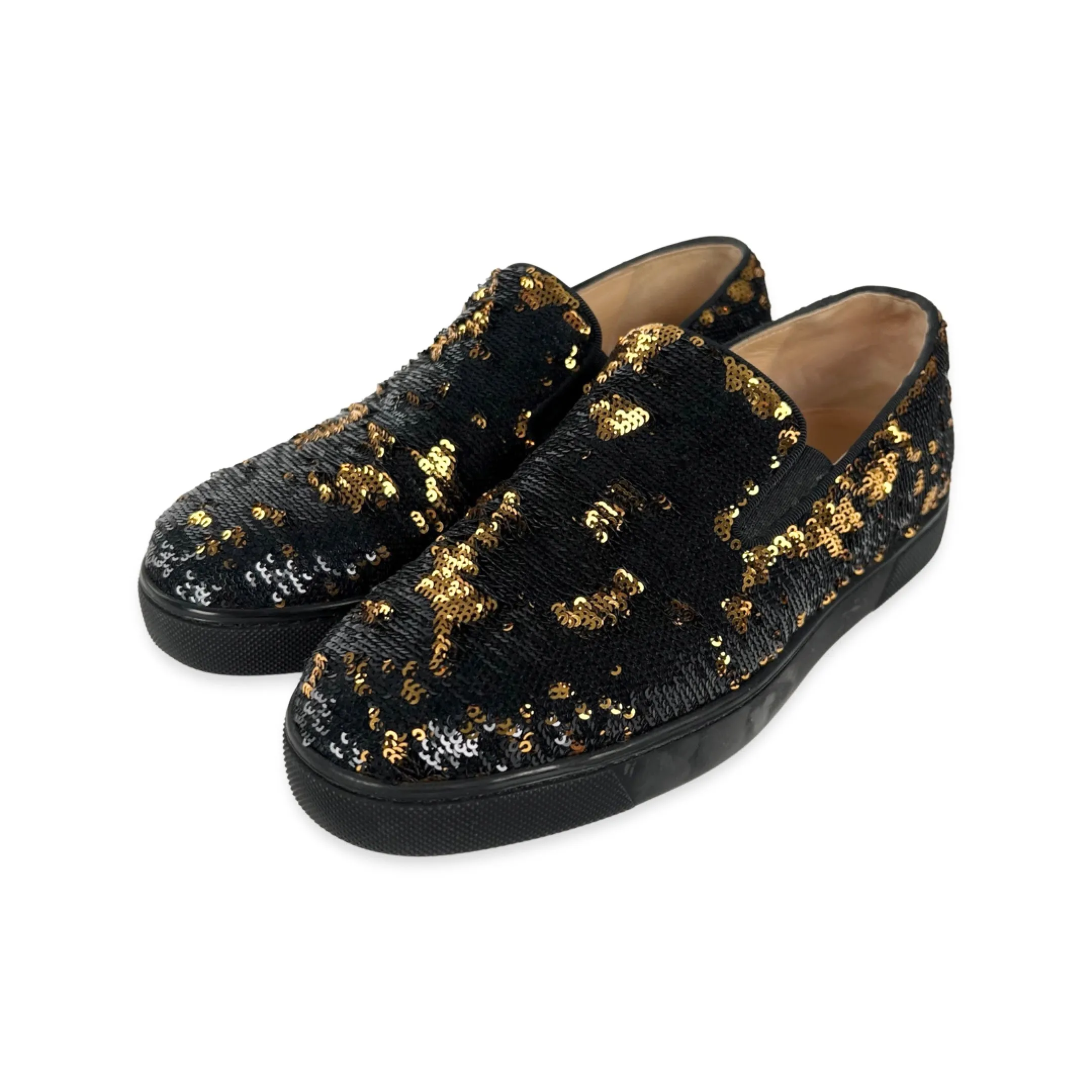 Christian Louboutin Black/Gold Sequin Boat Slip-On Sneakers