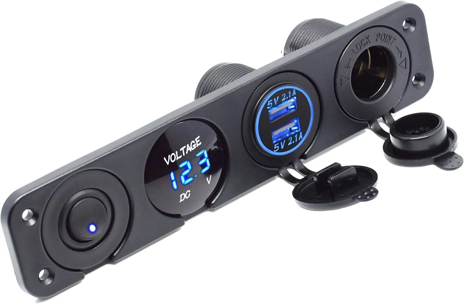 Cllena Dual USB Socket Charger 2.1A&2.1A   LED Voltmeter   12V Power Outlet   ON-Off Toggle Switch Four Functions Panel for Car Boat Marine RV Truck Camper Vehicles GPS Mobiles (Blue)