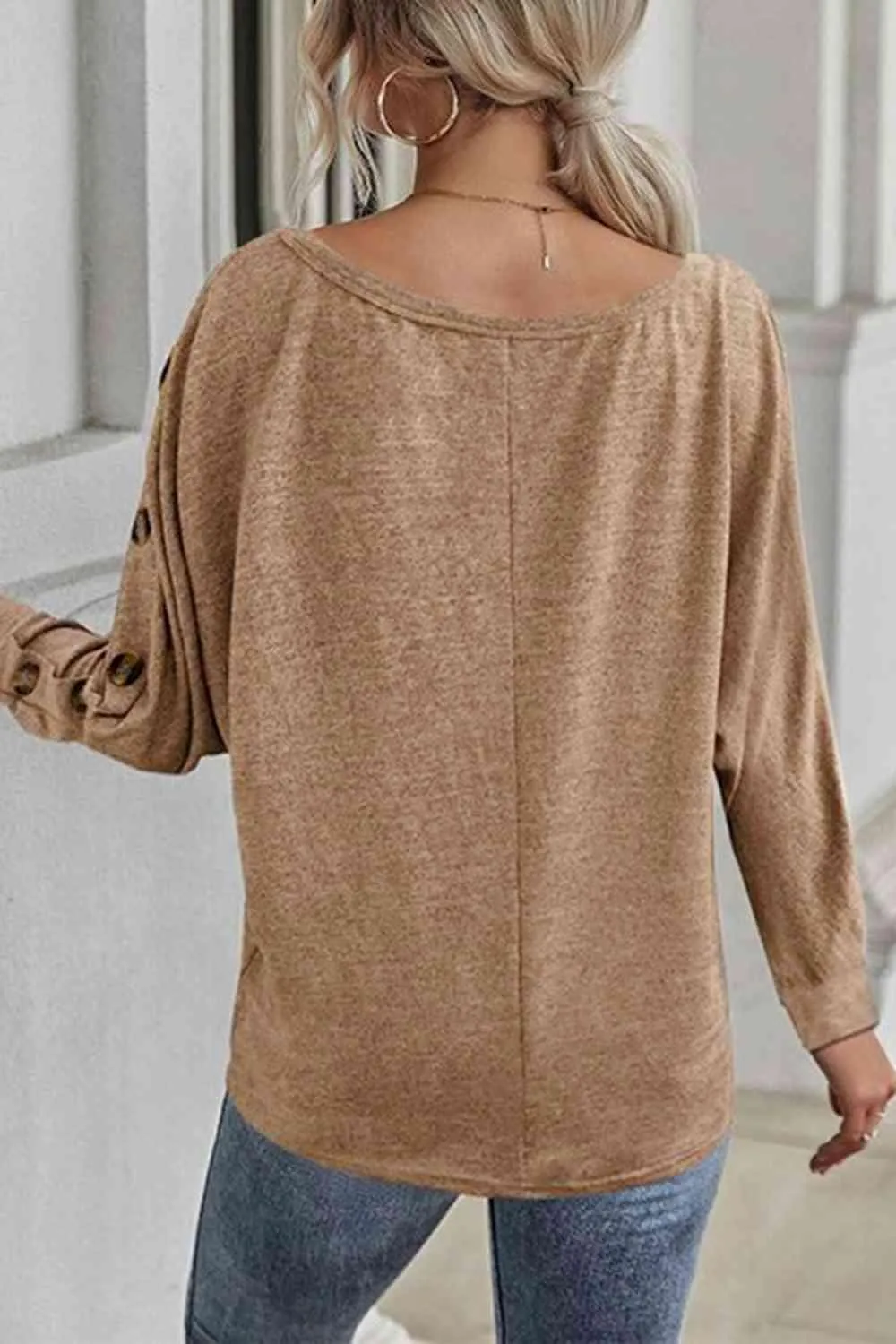 Comfy Fab Button Detail Boat Neck Long Sleeve Top