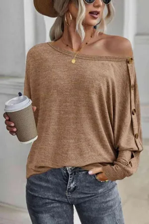 Comfy Fab Button Detail Boat Neck Long Sleeve Top