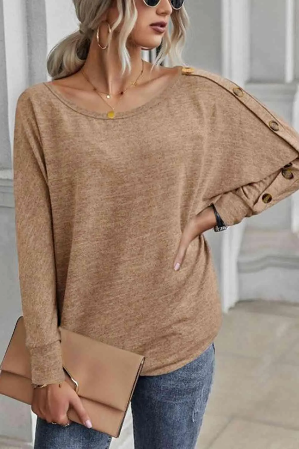 Comfy Fab Button Detail Boat Neck Long Sleeve Top