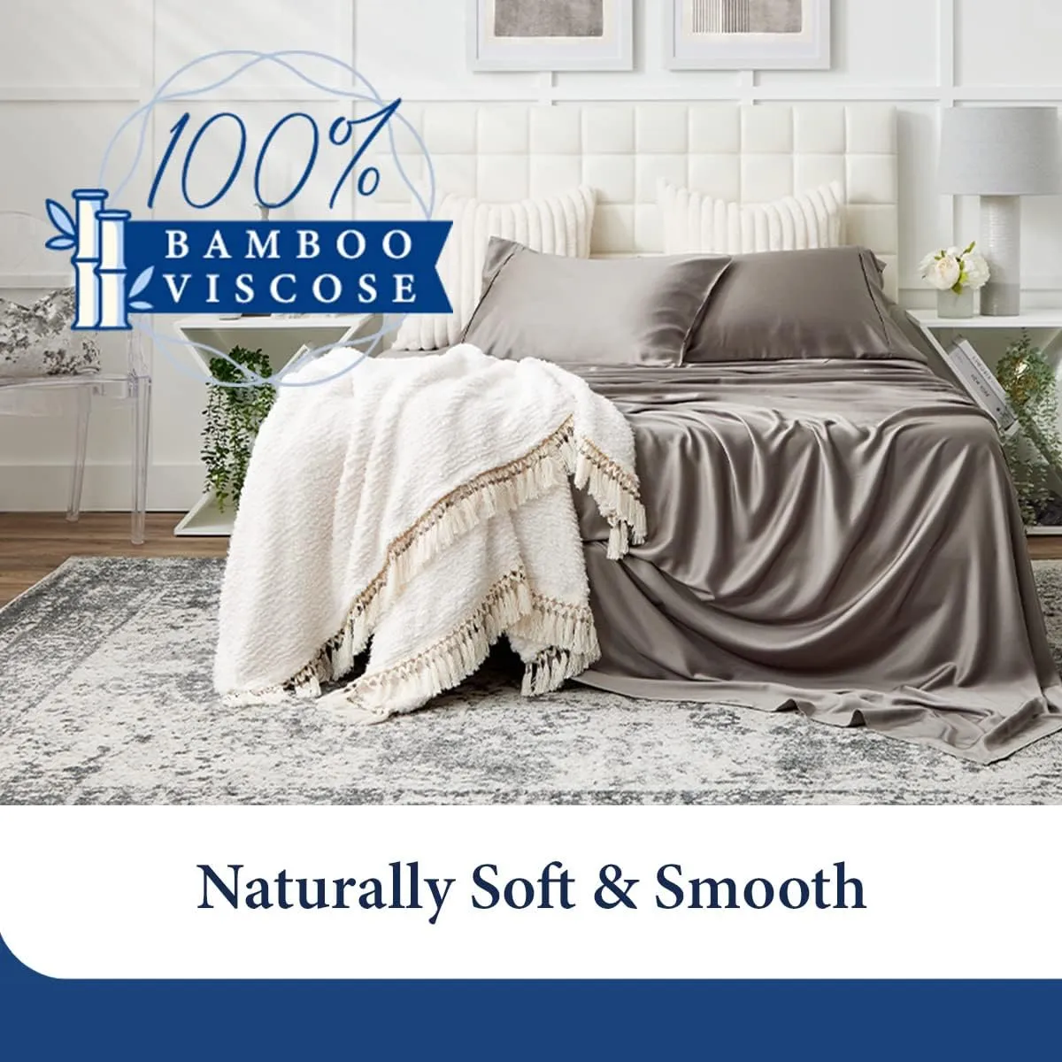 Cosy House Collection 100% Rayon Derived from Bamboo Bed Sheet Set - Cooling, Breathable, Silky Soft 5-Piece Deep Pocket Bedding Set (Split King, Silver)