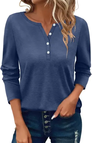 Cotton Henley Shirts Women Long Sleeve Crewneck Button Up Tee Dressy Casual Tunics Top Trendy Loose Fit Plain Blouse