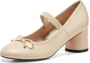 Coutgo Womens Mary Jane Shoes Bowknot Ballet Pumps Closed Toe Chunky Low Heels Dress Casual Wedding Shoes