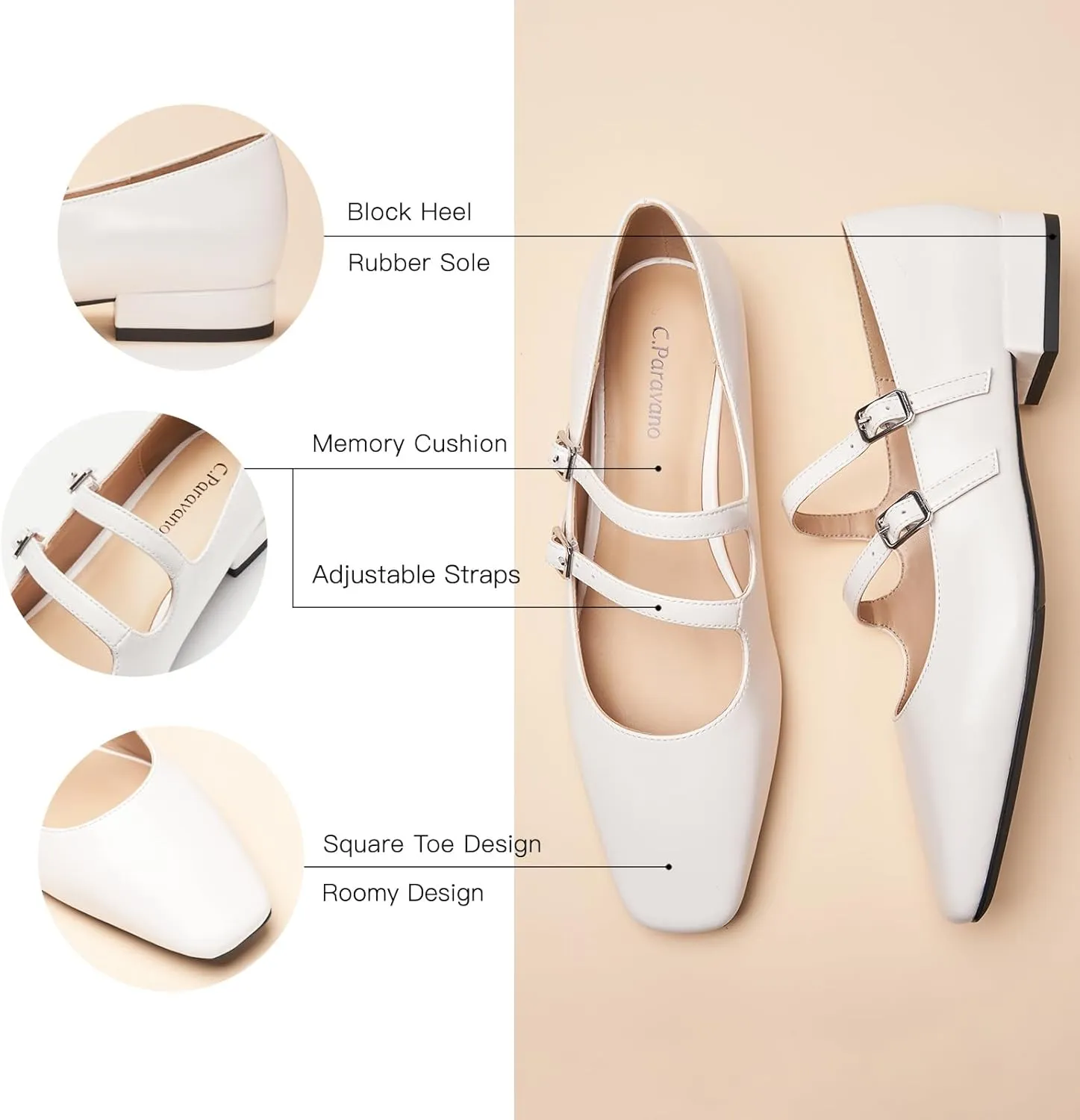 C.Paravano Luxury Mary Jane Ballet Flats: Adjustable Double Straps & Square Toe|Premium Comfort for Gallery Openings, Spring Brunches|Style w/Midi Skirts or Cropped Trousers