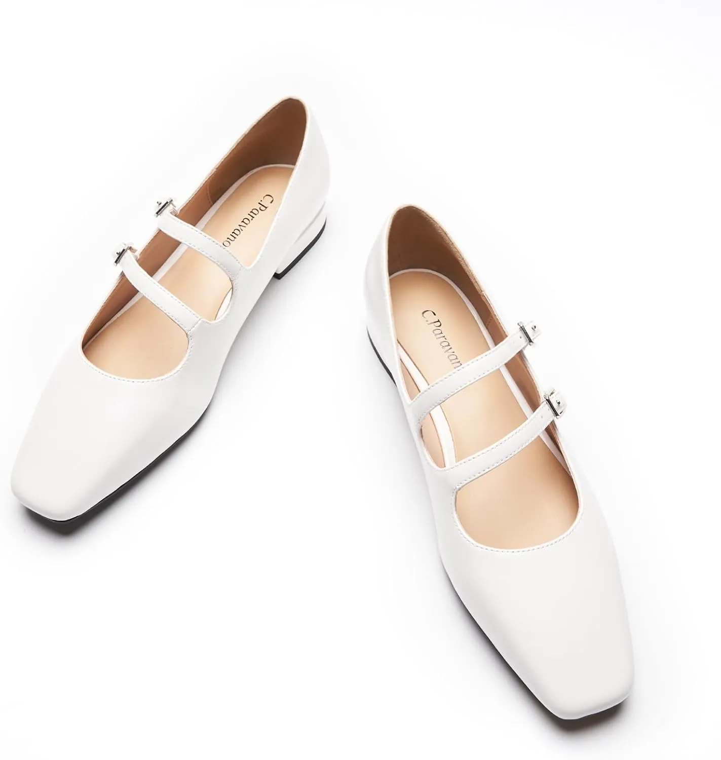 C.Paravano Luxury Mary Jane Ballet Flats: Adjustable Double Straps & Square Toe|Premium Comfort for Gallery Openings, Spring Brunches|Style w/Midi Skirts or Cropped Trousers