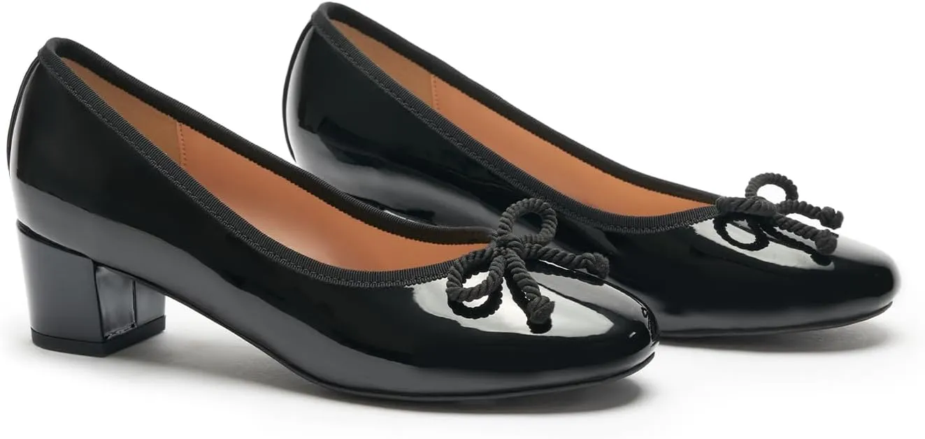 C.Paravano Women's Chunky Heel Ballet Pumps-Patent Leather Dress Shoes with Bowknots for Wedding & Office, Spring Date Nights, Business Casual