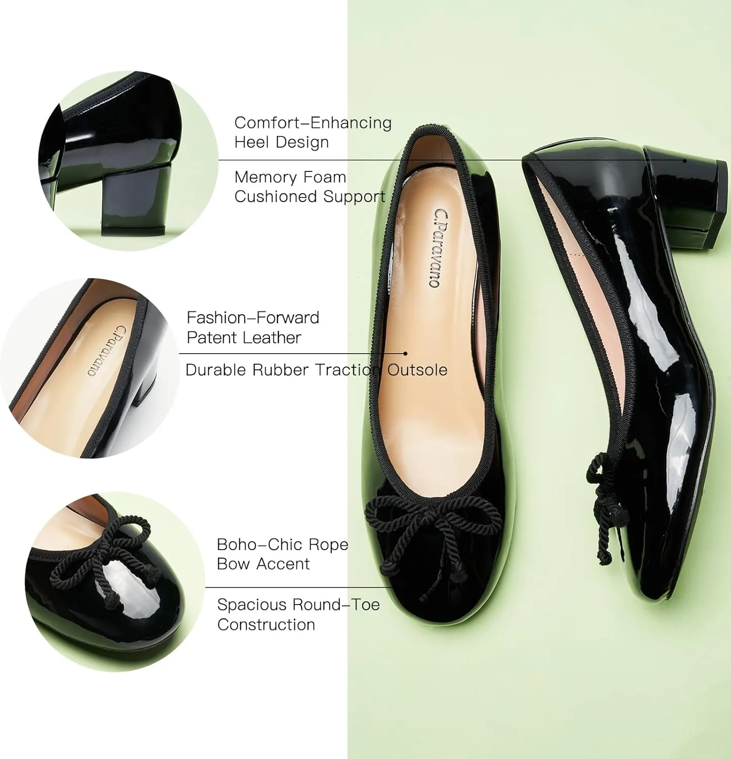 C.Paravano Women's Chunky Heel Ballet Pumps-Patent Leather Dress Shoes with Bowknots for Wedding & Office, Spring Date Nights, Business Casual