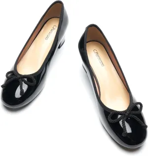C.Paravano Women's Chunky Heel Ballet Pumps-Patent Leather Dress Shoes with Bowknots for Wedding & Office, Spring Date Nights, Business Casual