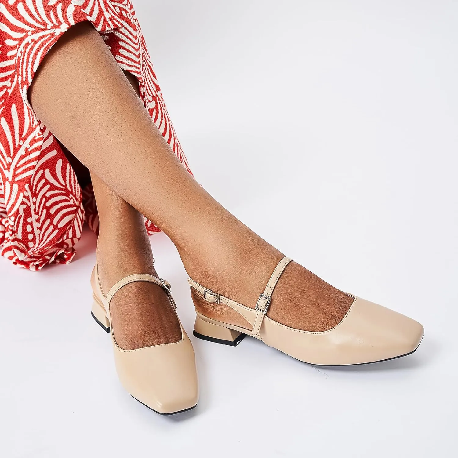 C.Paravano Women's Slingback Flats | Square Toe Slingback Flats for Women | Block Heel Sandals