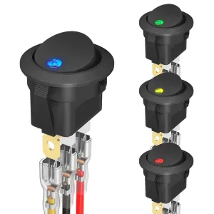 DaierTek 4PCS 12V 3 Pin Round Rocker ON/Off LED Light Toggle Switch SPST With Wires for Car Truck Marine Boat Car Accessories