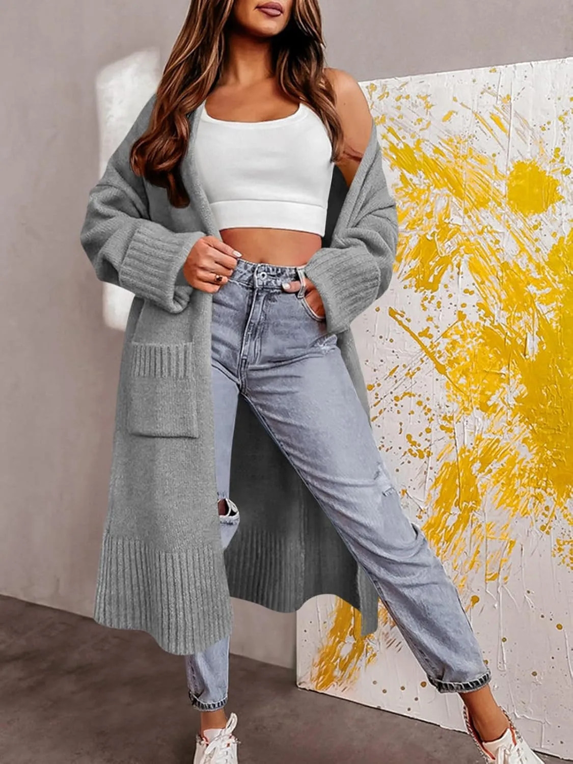 Danedvi Long Cardigan Sweaters for Women 2023 Fall Open Front Knit Oversized Cardigans Duster Coat with Pockets