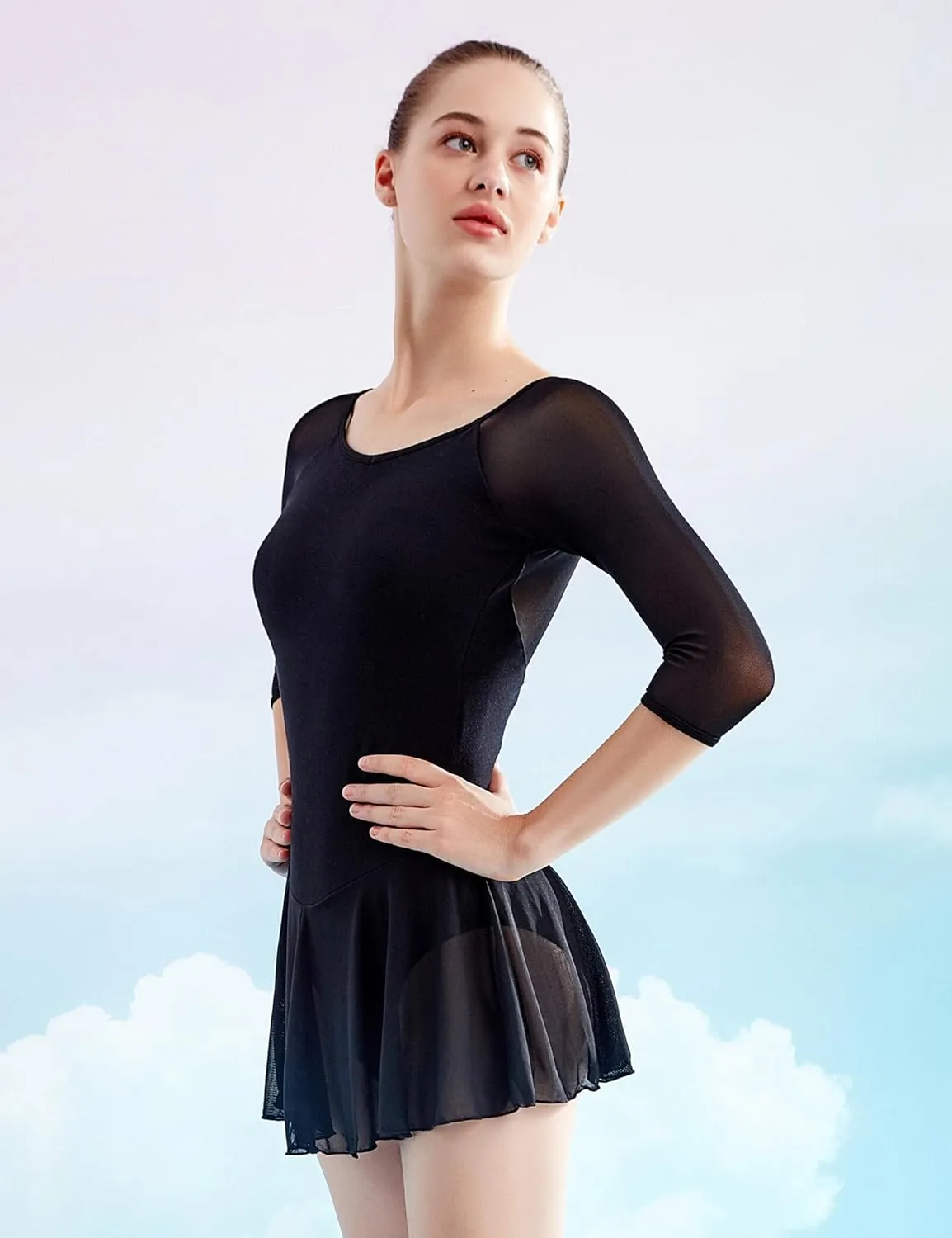 Daydance 3/4 Sleeve Black Leotards for Women, Skirted Ballet Dress Adult Dance Attire