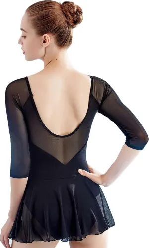 Daydance 3/4 Sleeve Black Leotards for Women, Skirted Ballet Dress Adult Dance Attire