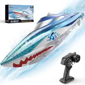 DEERC Full Proportional Remote Control Boat with LED Lights, Shark Graffiti, 20  MPH,2.4GHz High Speed RC Racing Boats for Lakes,Pool Toys for Kids & Adults