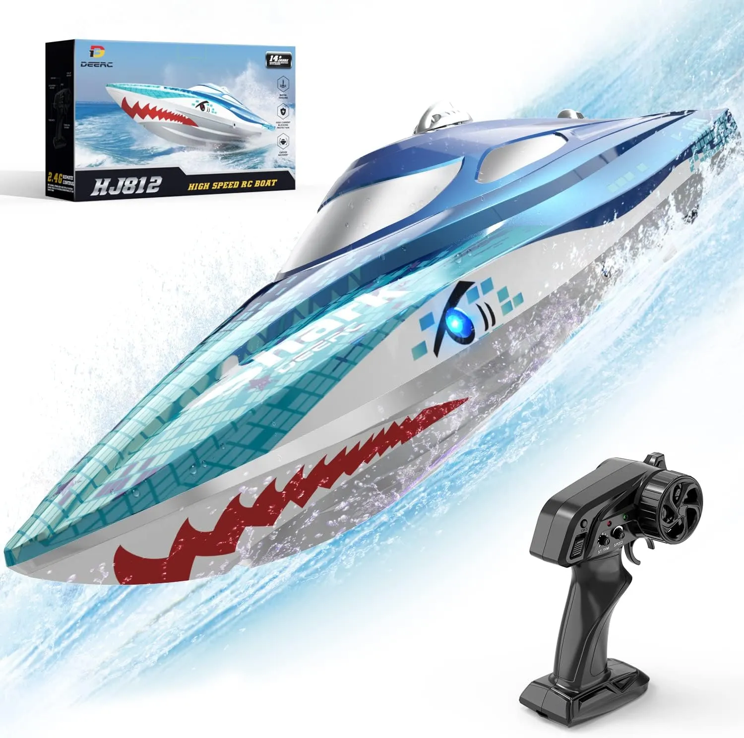 DEERC Full Proportional Remote Control Boat with LED Lights, Shark Graffiti, 20  MPH,2.4GHz High Speed RC Racing Boats for Lakes,Pool Toys for Kids & Adults
