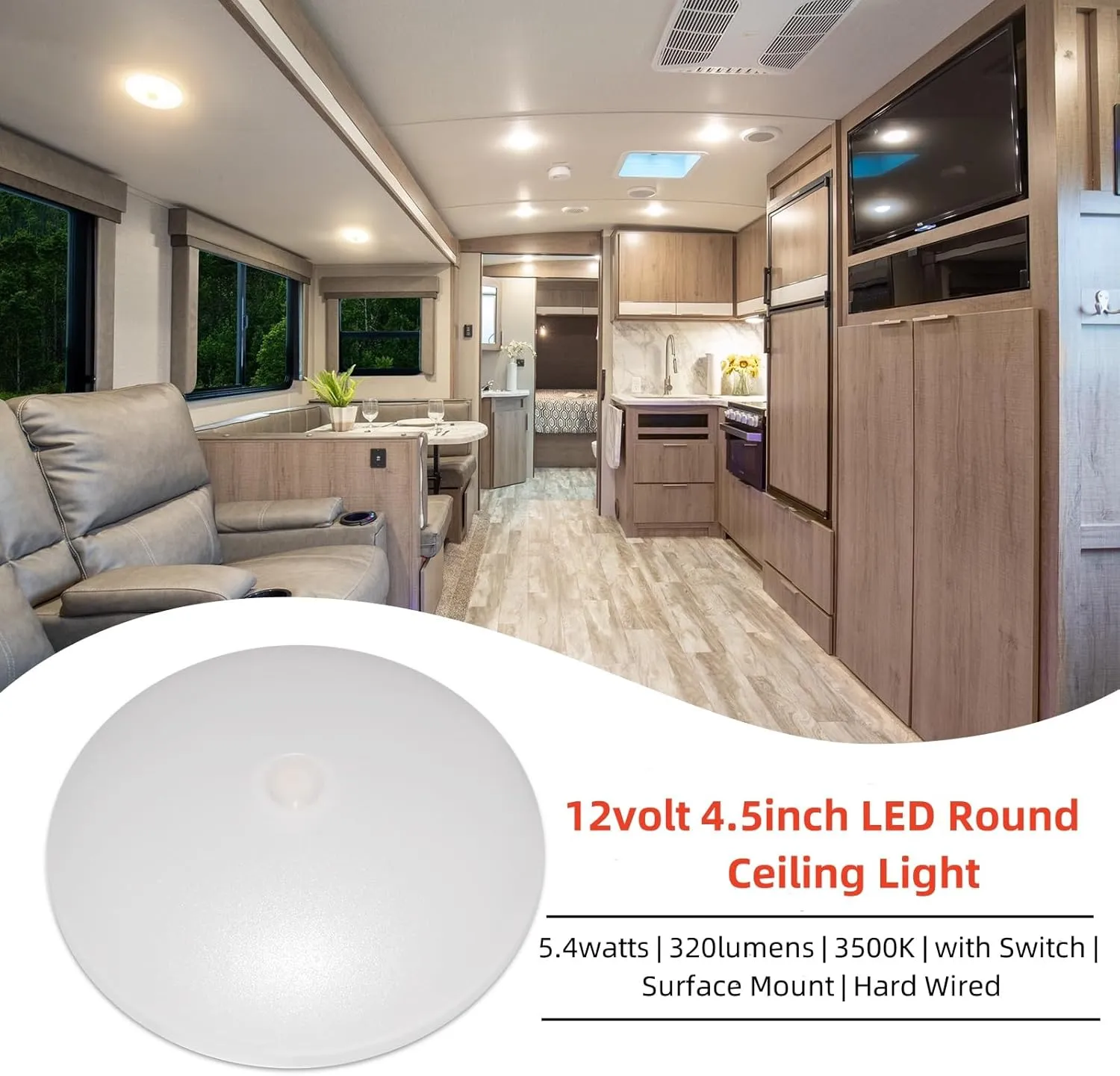 Dream lighting RV Ceiling Lights LED 12v 4.5 inch RV LED Puck Light Fixtures with Switch for Camper Trailer Boat Surface Mount 3500K White Lighting 5.4W 320 Lumens Pack of 2