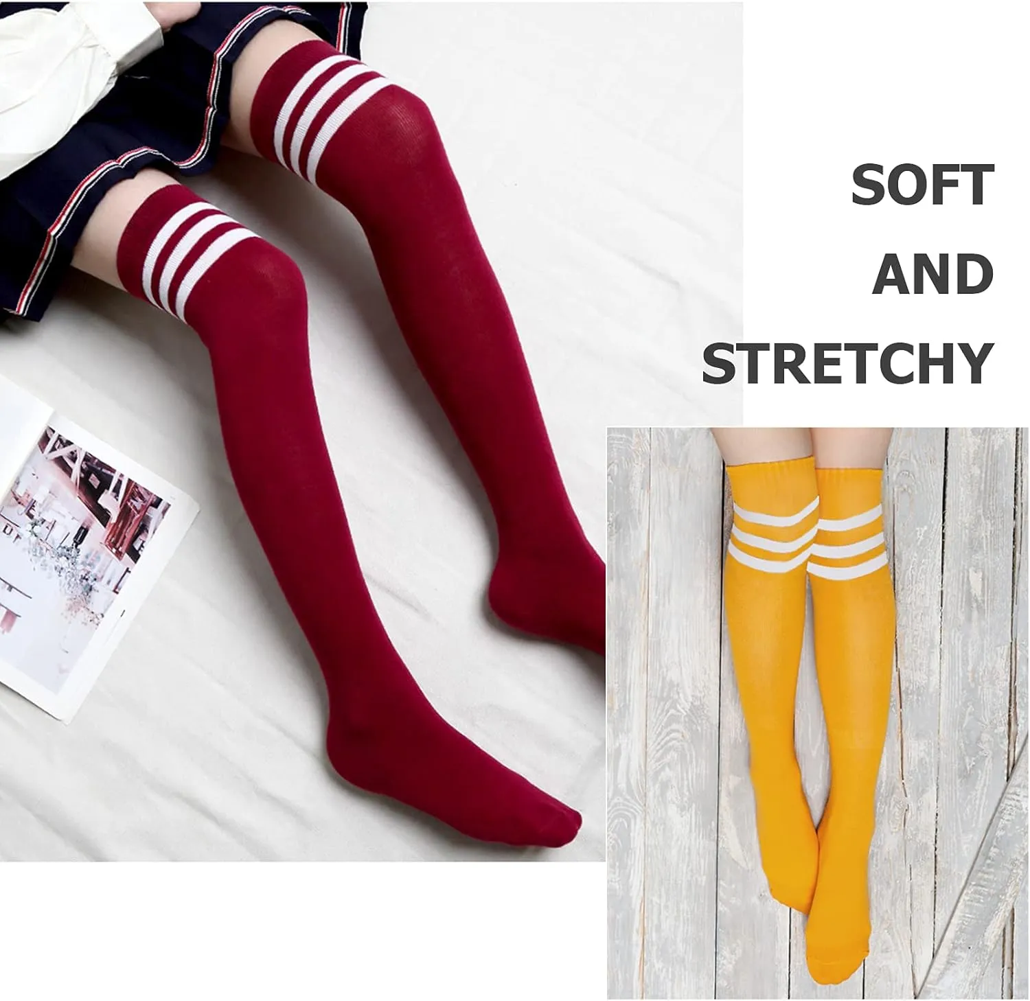 DRESHOW 6 Pairs High Thigh Socks Striped Over Knee Thin Tights Long Stocking for Women Leg Warmer