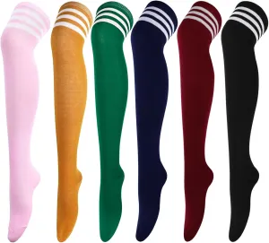DRESHOW 6 Pairs High Thigh Socks Striped Over Knee Thin Tights Long Stocking for Women Leg Warmer