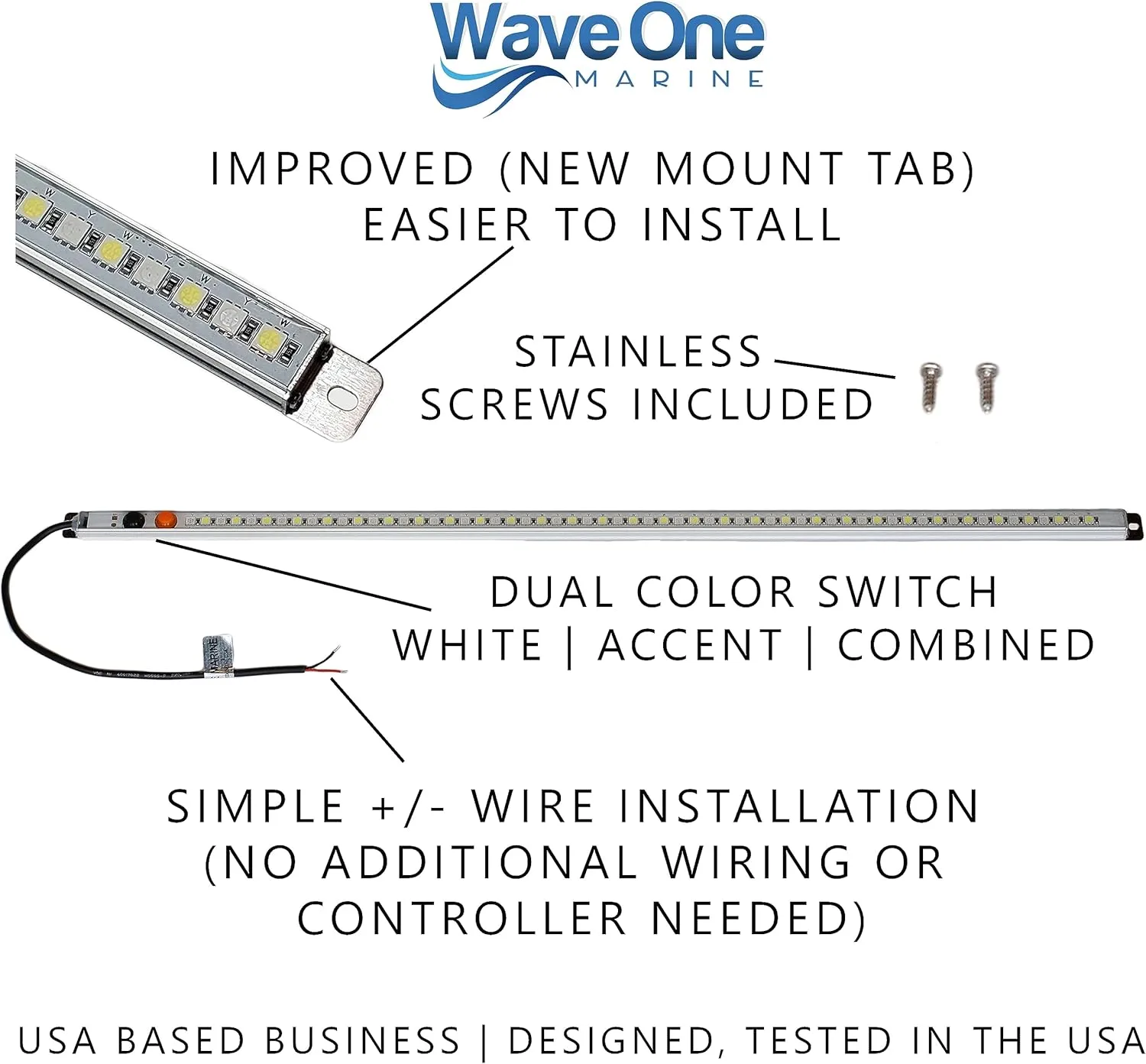 Dual Color T-Top LED Light with Switch | Boat Courtesy Cockpit Helm Light | Waterproof Bar Housing | Stainless Hardware | IP68 (24" White & Blue)