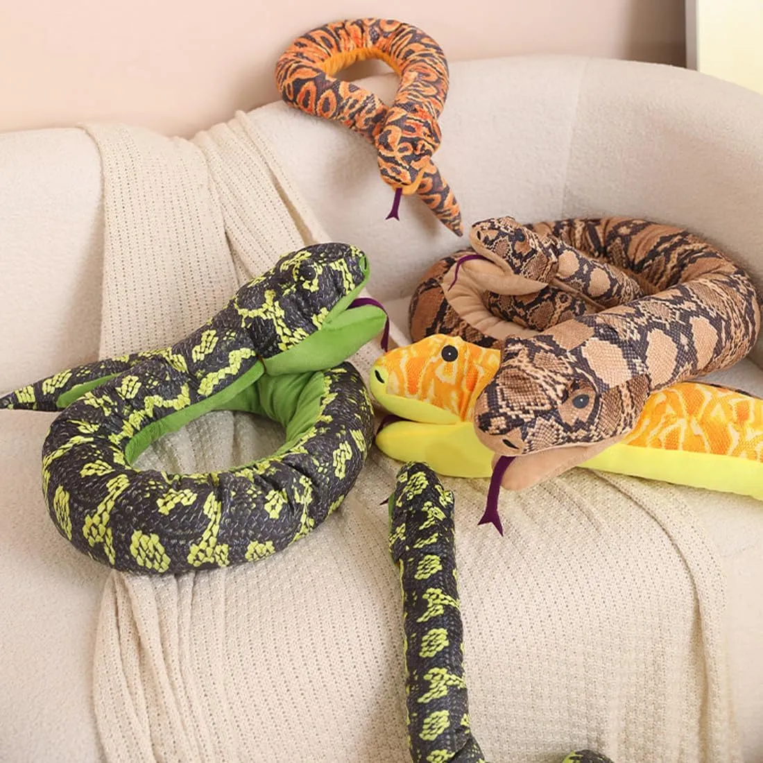 ELAINREN Realistic Orange Python Plush Hand Puppet,Ultra-Soft Snake Glove Plush Toy Cuddle Piebald Anaconda Plushie Puppet with Movable Mouth/66.9''