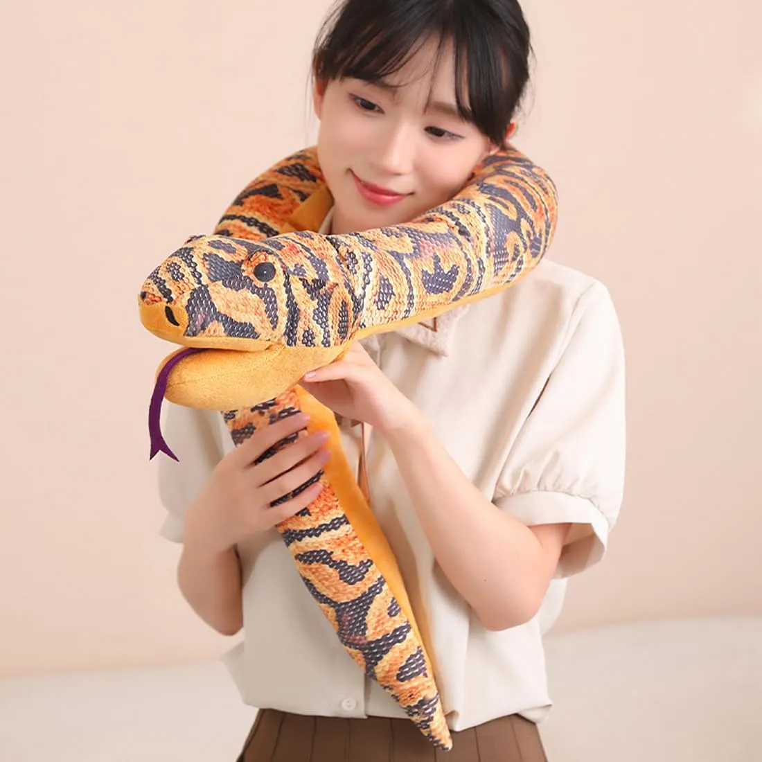 ELAINREN Realistic Orange Python Plush Hand Puppet,Ultra-Soft Snake Glove Plush Toy Cuddle Piebald Anaconda Plushie Puppet with Movable Mouth/66.9''