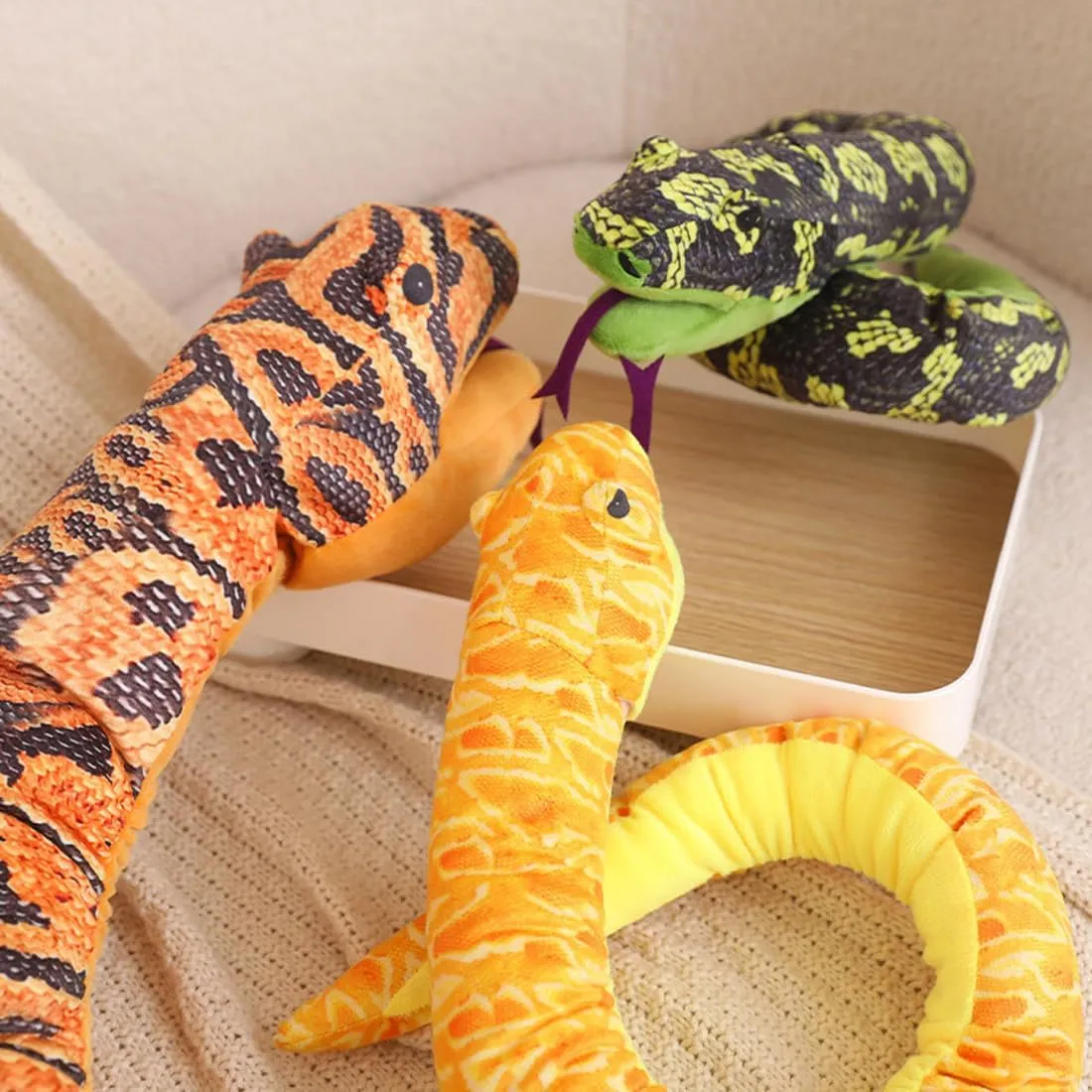 ELAINREN Realistic Orange Python Plush Hand Puppet,Ultra-Soft Snake Glove Plush Toy Cuddle Piebald Anaconda Plushie Puppet with Movable Mouth/66.9''