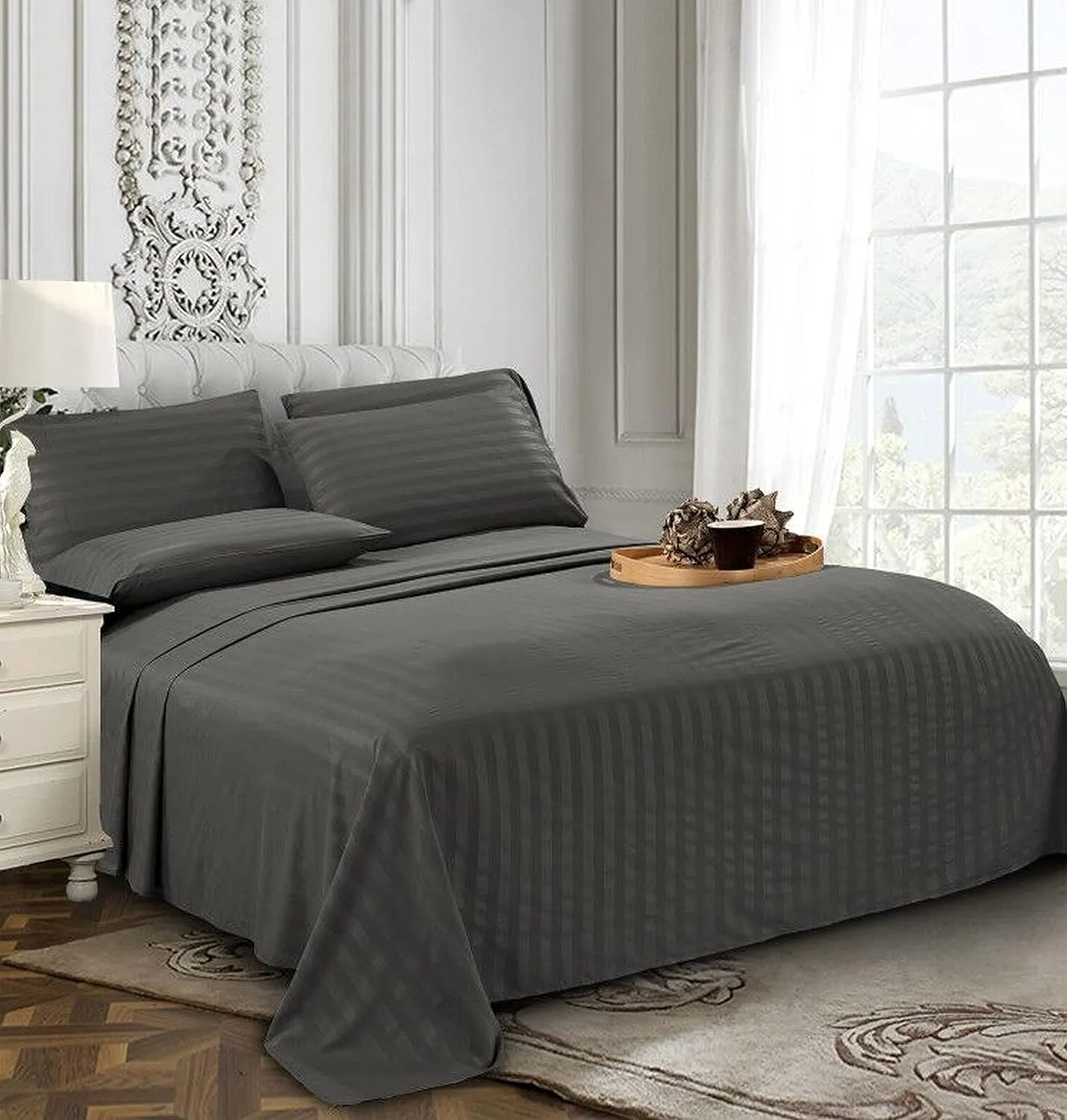 Elegant Comfort Best, Softest, Coziest 6-Piece Sheet Sets! - 1500 Premier Hotel Quality Luxurious Wrinkle Resistant 6-Piece Damask Stripe Bed Sheet Set, Queen Grey
