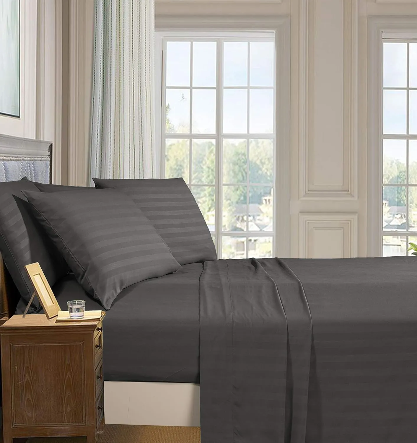 Elegant Comfort Best, Softest, Coziest 6-Piece Sheet Sets! - 1500 Premier Hotel Quality Luxurious Wrinkle Resistant 6-Piece Damask Stripe Bed Sheet Set, Queen Grey