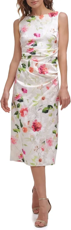 Eliza J Women's Midi Style Stretch Jacquard Boat Neck Printed Floral Dress