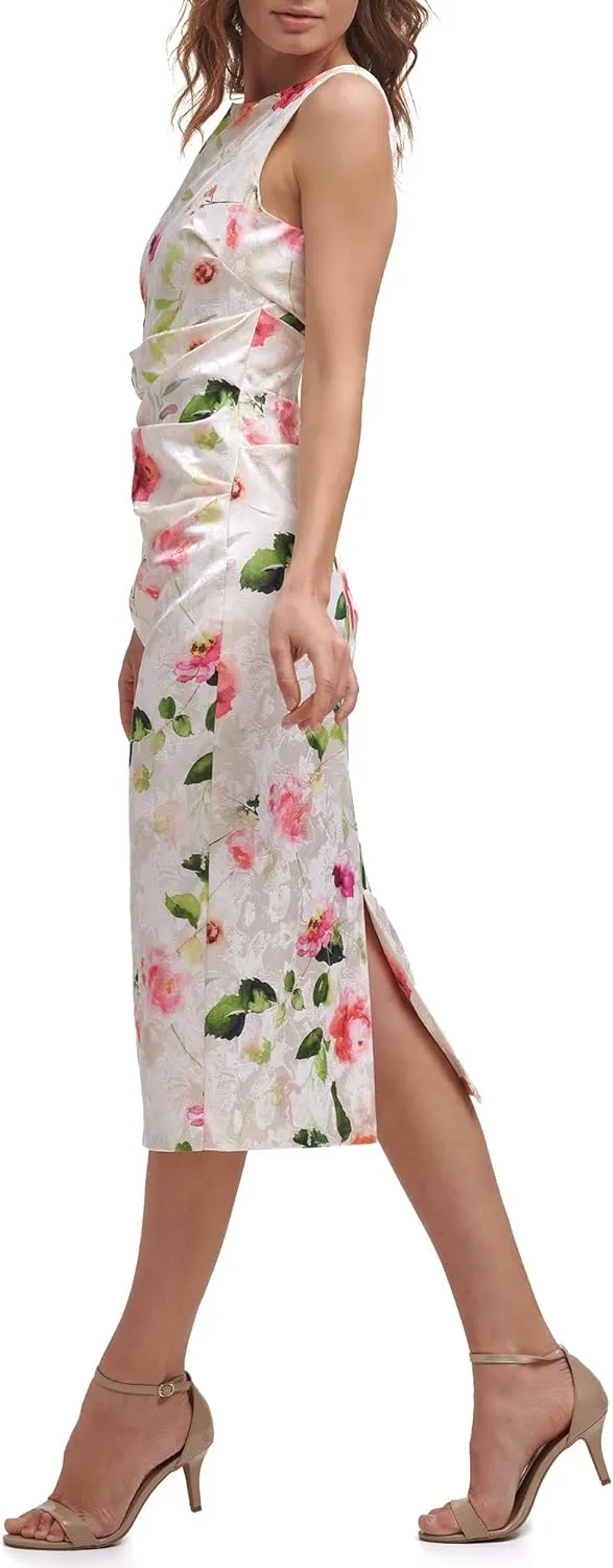 Eliza J Women's Midi Style Stretch Jacquard Boat Neck Printed Floral Dress