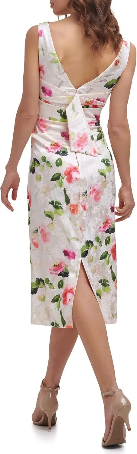 Eliza J Women's Midi Style Stretch Jacquard Boat Neck Printed Floral Dress